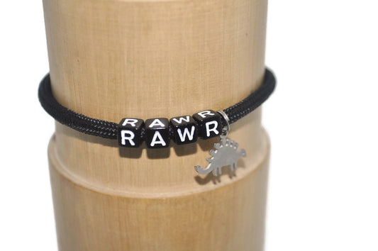 Rawr letter beads and stainless steel dinosaur charm paracord bracelet and dino note card