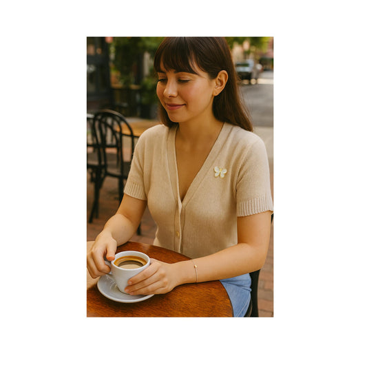 Butterfly Brooch and White Cord Wish Bracelet – Gold-Colored Crystal Pin & Heart Charm – Encouragement Gift Card