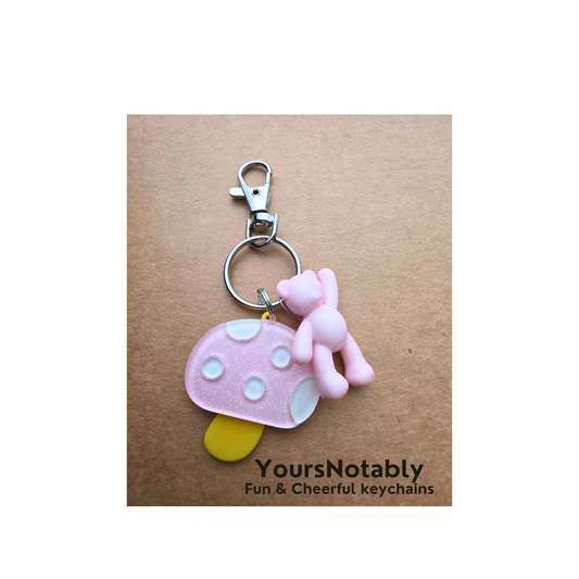 Pink Mushroom & Acrylic Bear Keychain — Kawaii Bag Charm