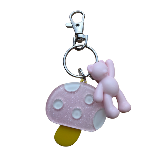 Pink Mushroom & Acrylic Bear Keychain — Kawaii Bag Charm