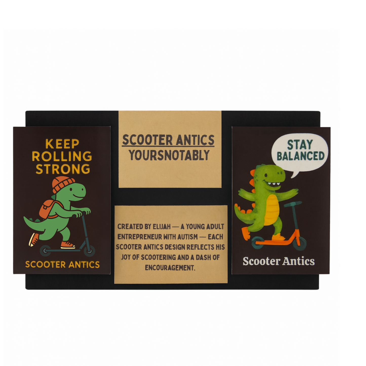 Scooter Antics 2 Dinosaur Stickers Set (Stay Balanced + Keep Rolling Strong, 2×3 inches)