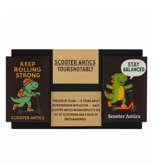 Scooter Antics 2 Dinosaur Stickers Set (Stay Balanced + Keep Rolling Strong, 2×3 inches)