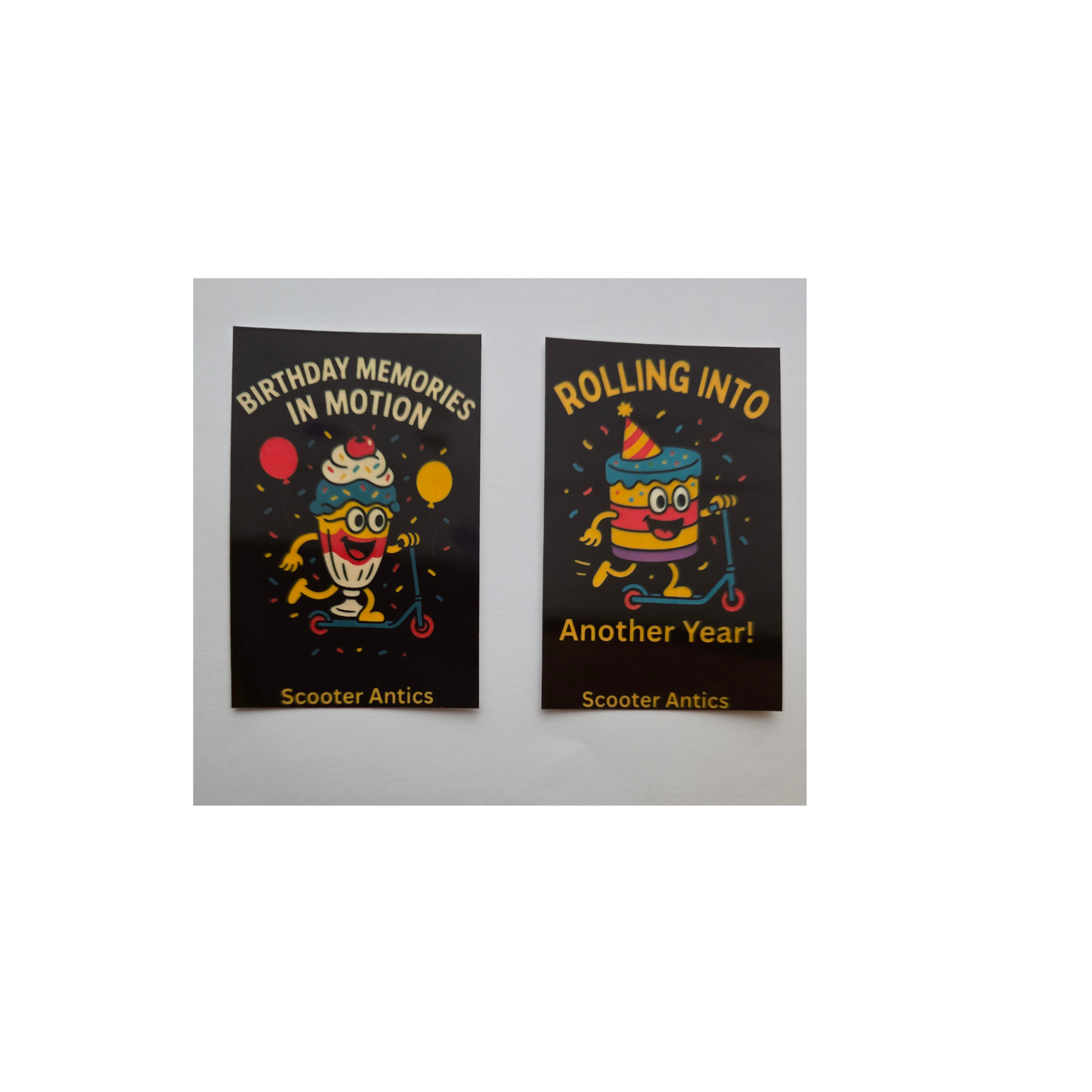 Scooter Antics™ Birthday Sticker Set – 2 Pack (2x3 in)