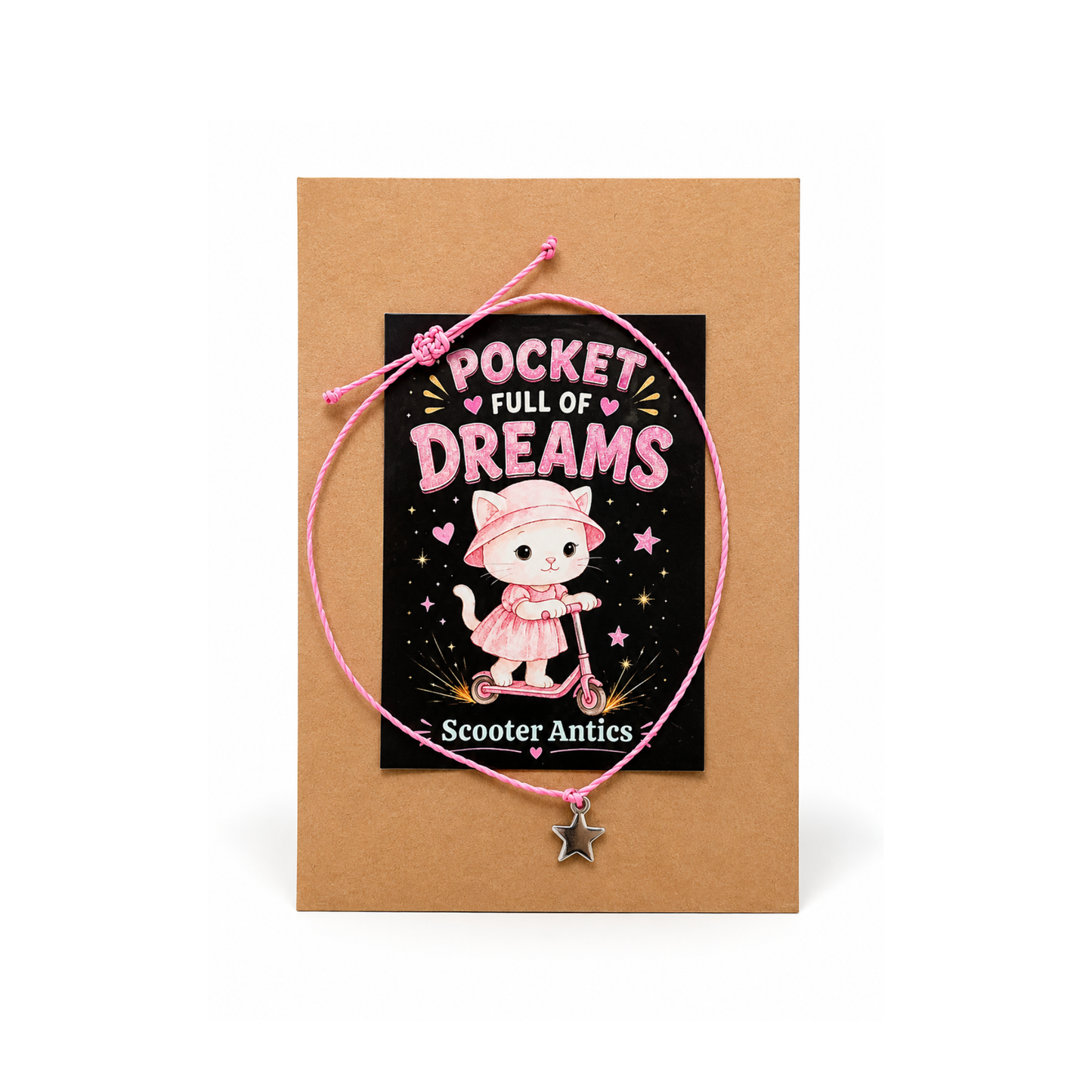 Mini Kraft Writing Journal, Kawaii Cat ZINK Sticker & Pink Wish Bracelet with Stainless Steel Star Charm