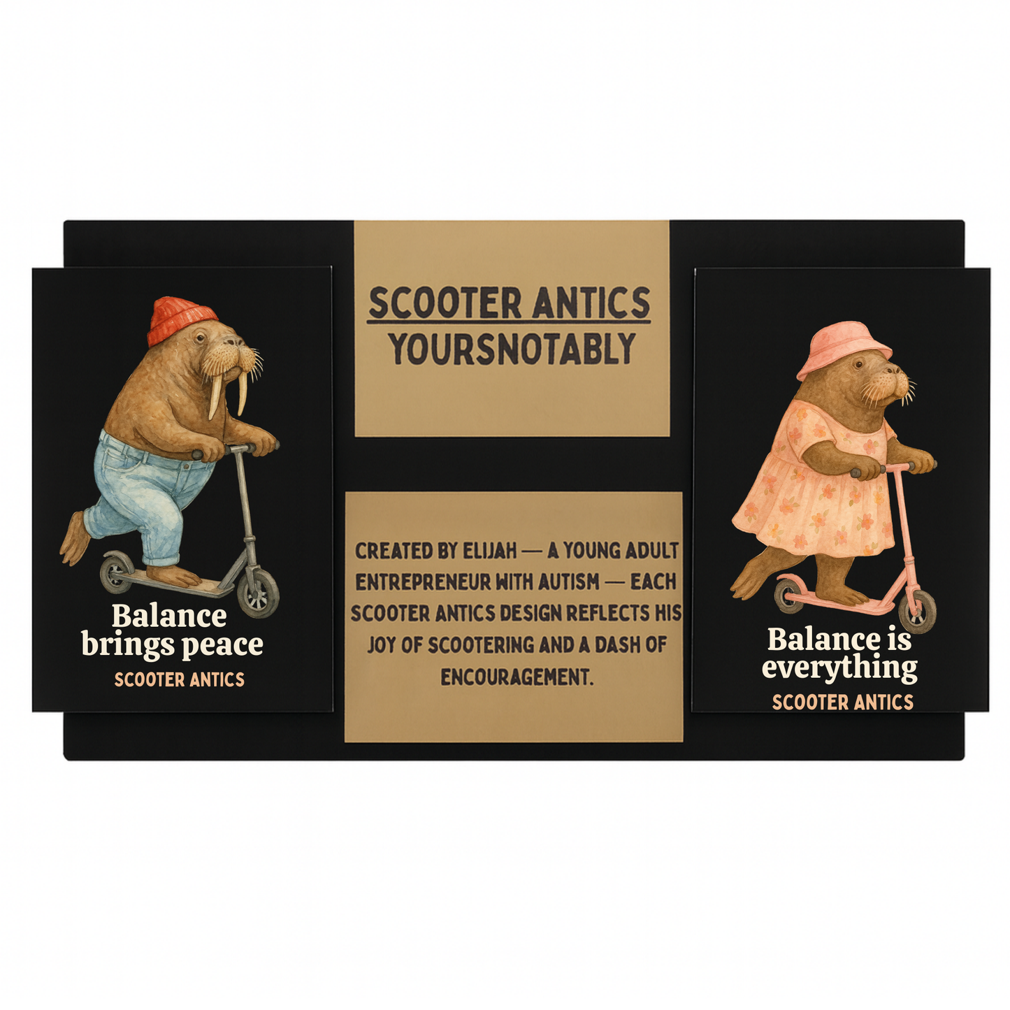 Scooter Antics Balance Duo Sticker Set Whimsical Walrus Watercolor Stickers