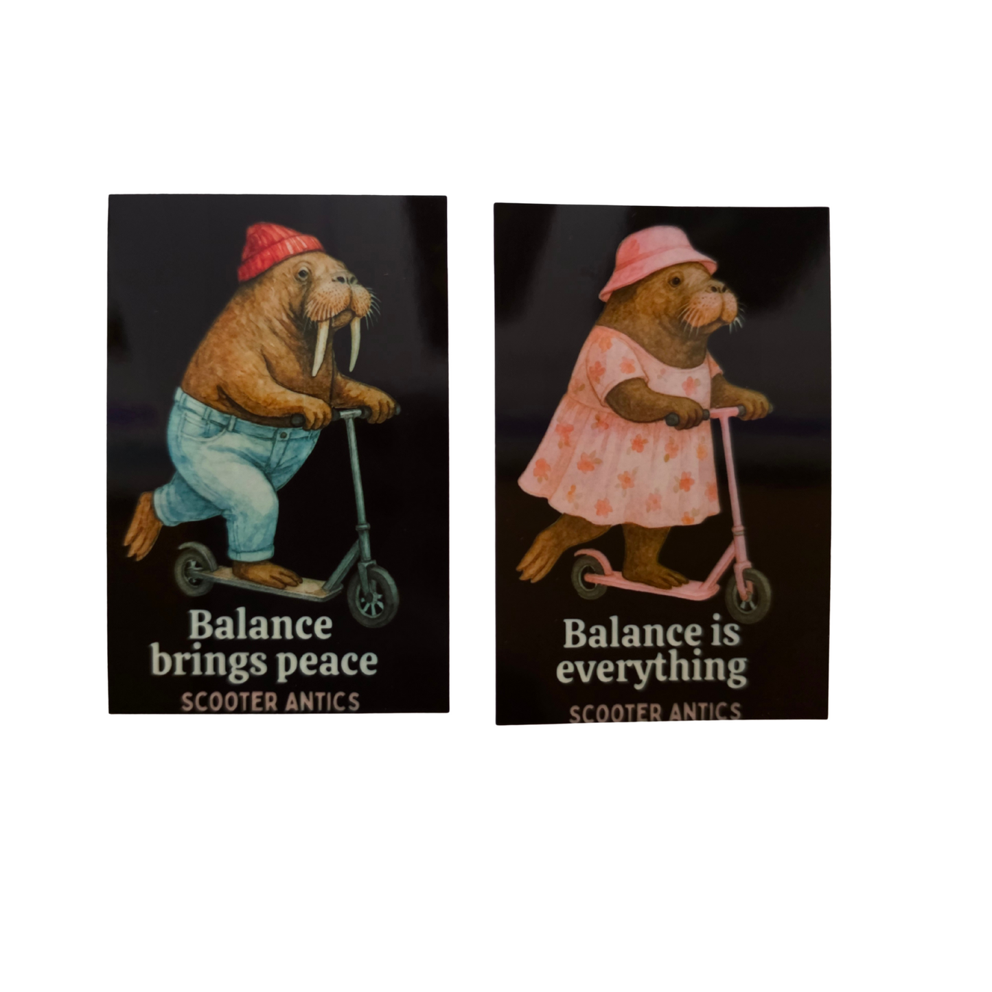 Scooter Antics Balance Duo Sticker Set Whimsical Walrus Watercolor Stickers