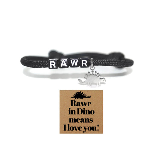 Rawr letter beads and stainless steel dinosaur charm paracord bracelet and dino note card