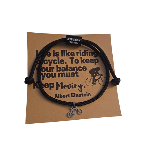 Stainless Steel Bicycle Charm Paracord Bracelet with YoursNotably Slide Bead and optional keep moving quote note card