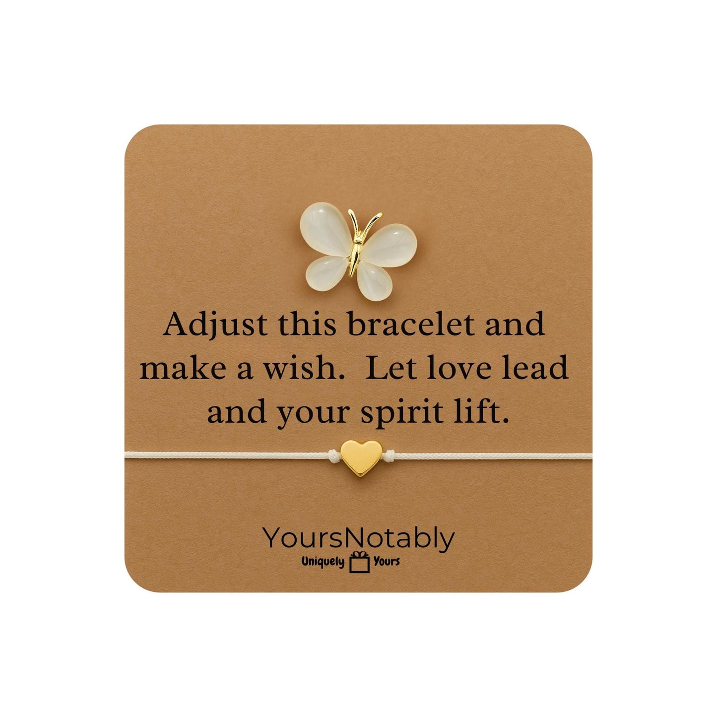 Butterfly Brooch and White Cord Wish Bracelet – Gold-Colored Crystal Pin & Heart Charm – Encouragement Gift Card