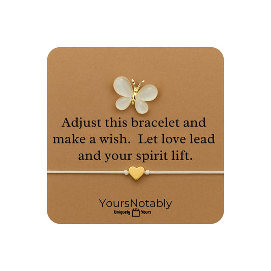 Butterfly Brooch and White Cord Wish Bracelet – Gold-Colored Crystal Pin & Heart Charm – Encouragement Gift Card