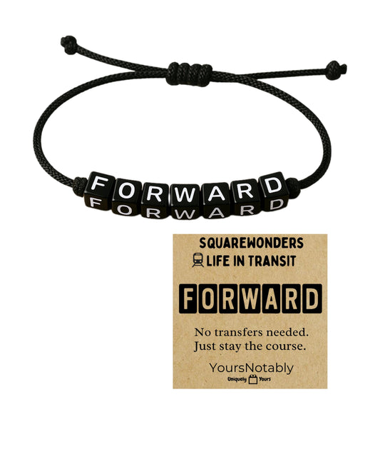 FORWARD Beaded Bracelet with Motivational Note Card – Adjustable Black Cord | SquareWonders™ Life in Transit Gift