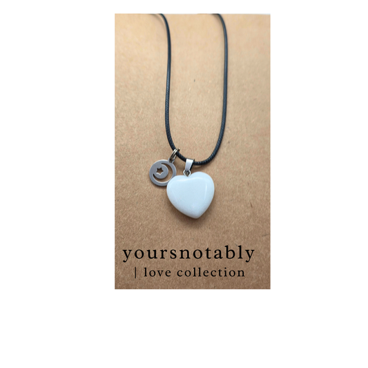 White Jade Heart Pendant Cord Necklace With Moon And Star Charm