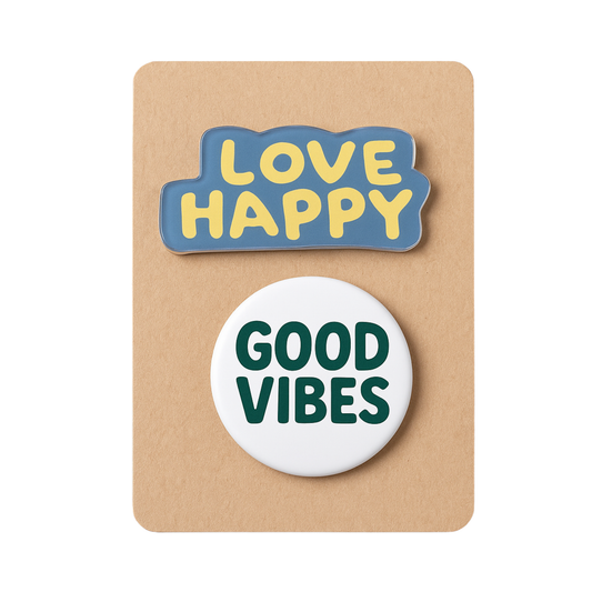 Love Happy Pin and Good Vibes Pinback Button Set
