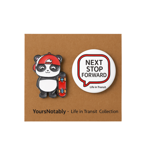 Panda Skater Enamel Pin And Next Stop Forward Pinback Button