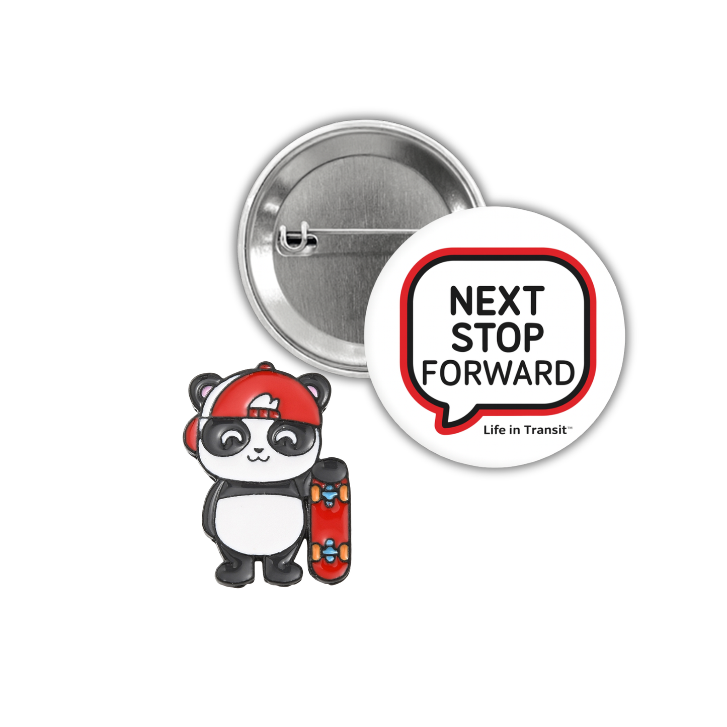 Panda Skater Enamel Pin And Next Stop Forward Pinback Button