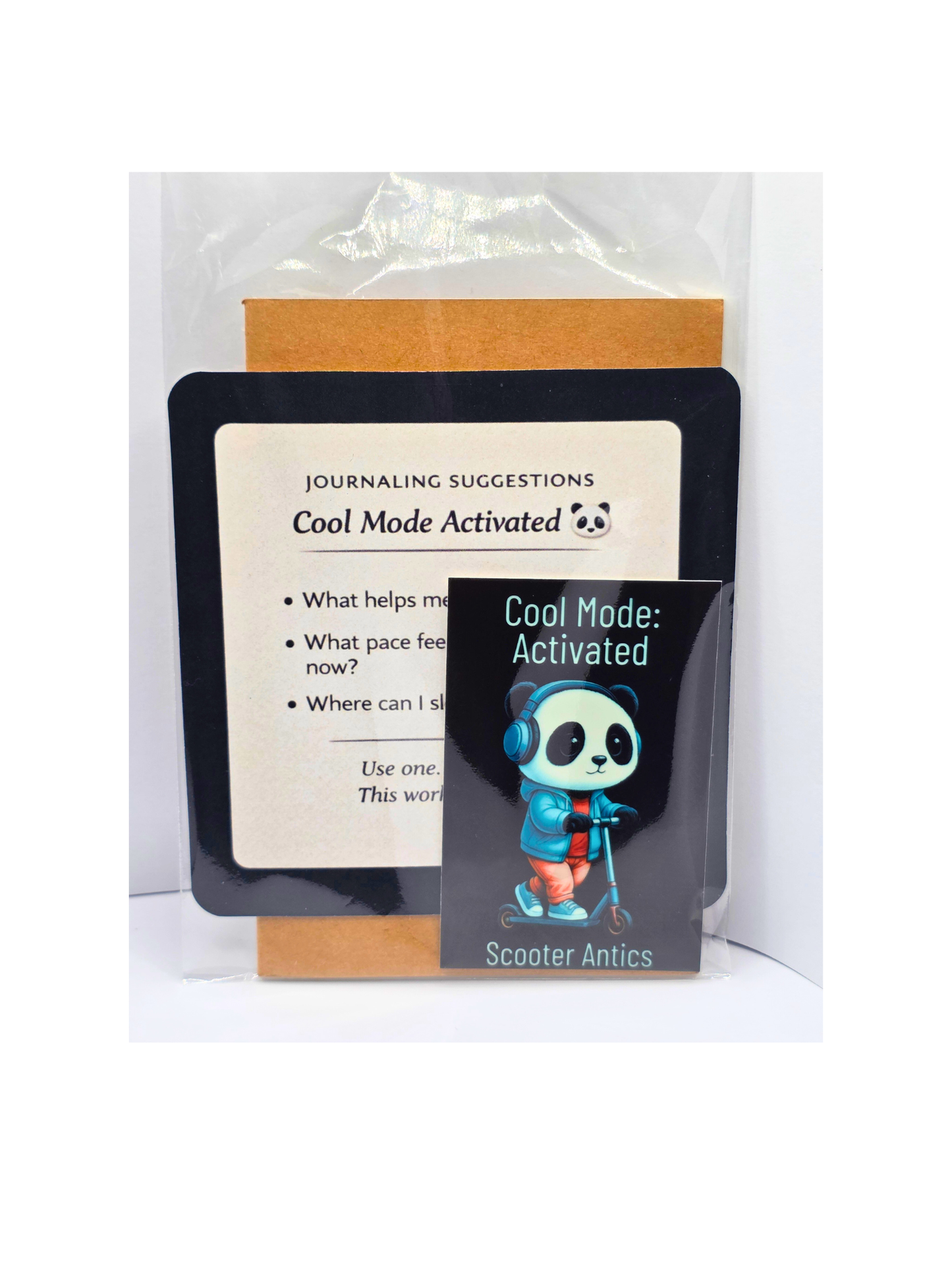 Scooter Antics™ Pause Mode Activated Guided Mini Journal Set | Panda Sticker, Prompt Card, Pocket Journal
