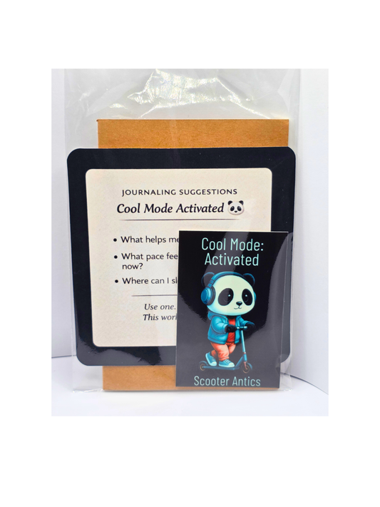 Scooter Antics™ Pause Mode Activated Guided Mini Journal Set | Panda Sticker, Prompt Card, Pocket Journal